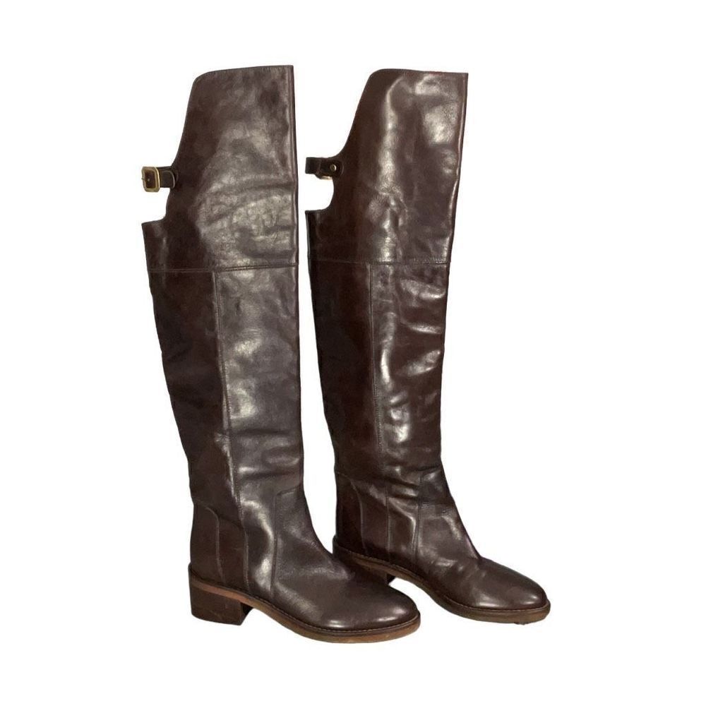 Dune London Brown Leather Over the Knee Riding Boots Open Back Buckle Sz 37 US 6 - Picture 13 of 13